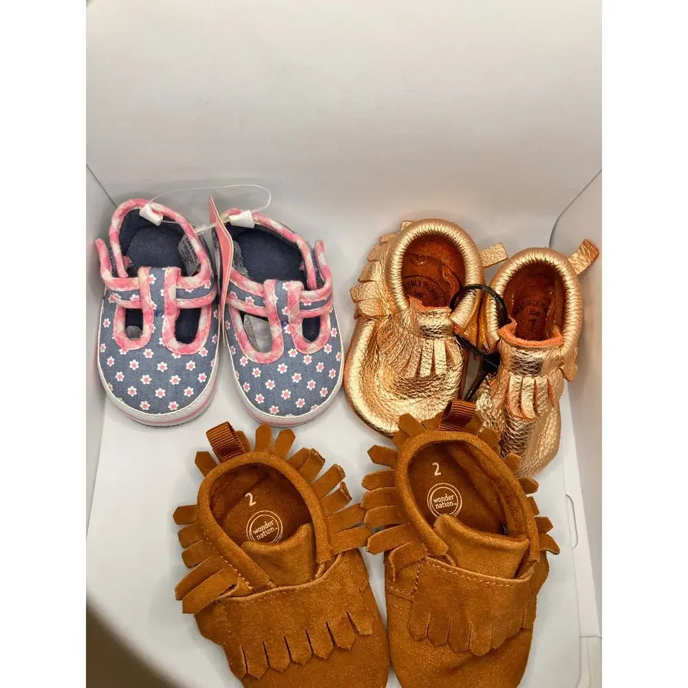 Baby Shoes Lot (3) Sizes 1–2 3-6 Months Moccasins &‎ Floral Mary Janes